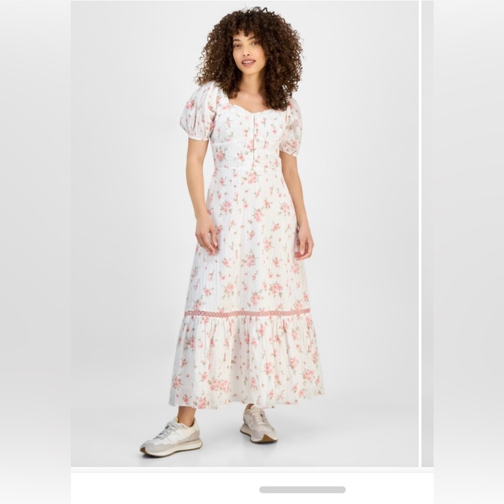 Floral Puff-Sleeve White Maxi Dress with Pink Print